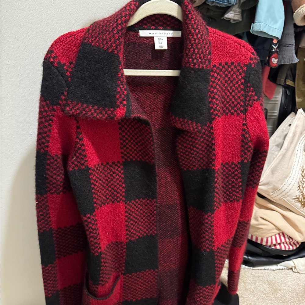 Max Studio Women's Red and Black Checkered Teddy Jacket